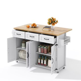 STILVORA Carro De Cocina Con 4 Puertas Y 3 Cajones, Encimera Abatible Y Portatoallas, En Mdf, 140x43(70)x90.5 Cm