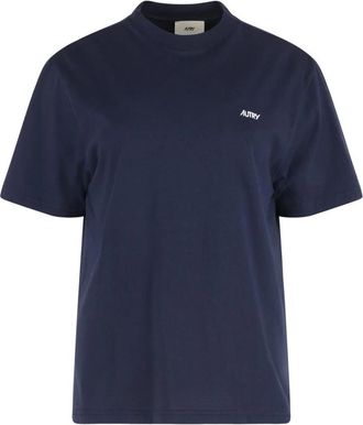 Autry Katoenen T-Shirt met Geborduurd Logo - Dames - T-shirts - Blauw - S - Katoen - Tops