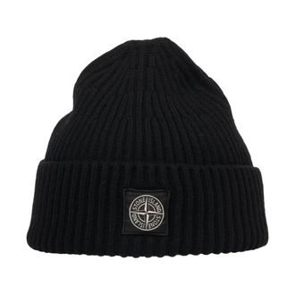 Stone Island Beanies, male, Black, Size: ONE SIZE Ribbed Knit Beanie Hat Nero