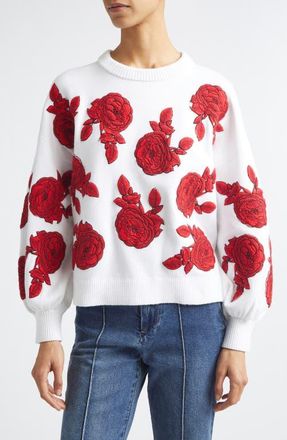 Alice & Olivia Carwen Embroidered Balloon Sleeve Sweater in Soft White/bright Poppy at Nordstrom, Size X-Large