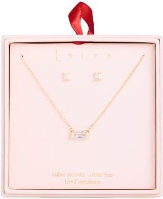 Leith Stone Drop Necklace & Stud Earrings Set in Clear- Gold at Nordstrom Rack