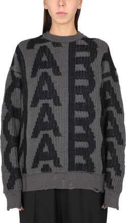 Marc Jacobs Monogram Distressed Sweater - Dames - Ronde hals truien - Grijs - M - Wol - Truien & Vesten
