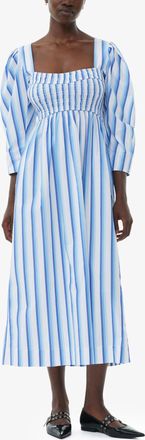 Ganni Blue Striped Cotton Smock Long Dress - Size 34 Organic