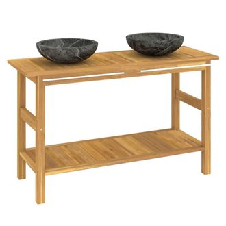 vidaXL Tocador De Ba&ntilde;o Madera Maciza De Teca Con Lavabos M&aacute;rmol Negro Vidaxl