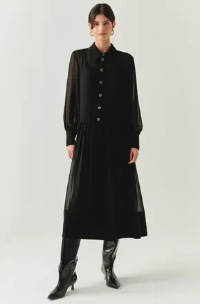 Exquise Birdie Shirt Collar Long Sleeve Dress in Black at Nordstrom, Size Xx-Large