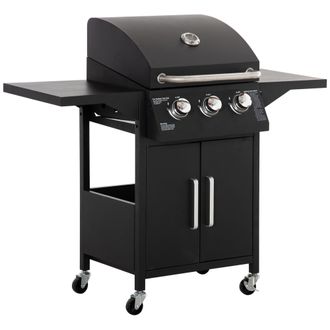 OUTSUNNY Barbacoa De Gas Con 3 Quemadores Term&oacute;metro 2 Parrillas De Gas Con 2 Mesas Laterales Armario De 2 Puertas 4 Ruedas Frenos Para Bbq