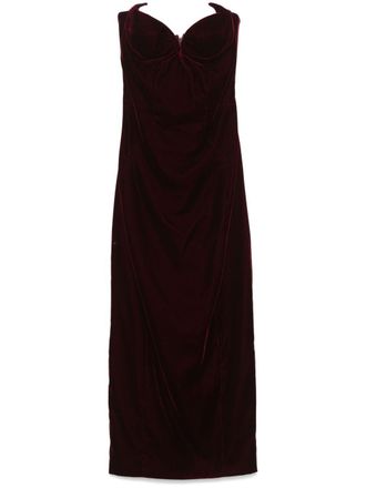 MUGLER Abito lungo in velluto senza spalline - Rosso