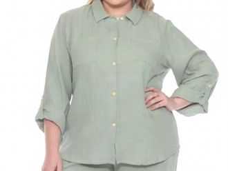 White Mark Long Sleeve Button Down Top - Plus In Olive