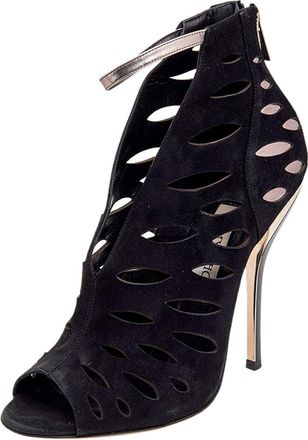 Jimmy Choo London Black/grey Suede And Leather Drift Cutout Peep Toe Booties