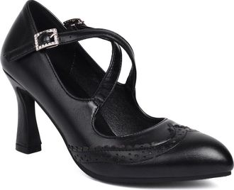 Generic Womens High Heeled Vintage Brogues Cross Strap Dress Pumps with Buckle Pointed Toe PU Leather Formal Shoes,Black,6.5 UK