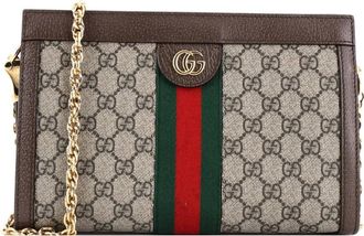 Gucci Borsa a tracolla Ophidia piccola in tela cerata GG con catena - Marrone