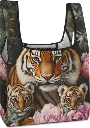 Generic Tiger Mom with Flower Shopping Bag Reusable Grocery Tote Bag Foldable Handbag for Travel Picnic