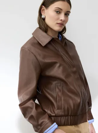 Icone Womens Grained faux-leather loose shirt collar jacket