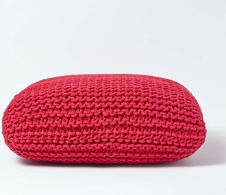 Homescapes Red Square Cotton Knitted Pouffe Floor Cushion - Homescapes