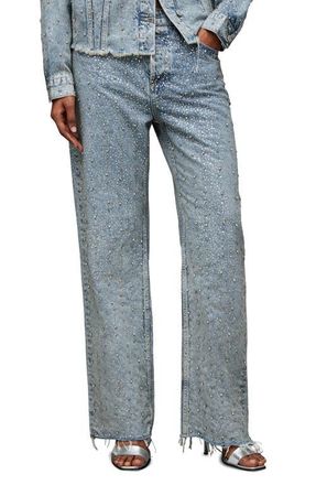AllSaints Wendel Crystal Fray Hem Straight Leg Jeans in Light Indigo at Nordstrom, Size 29