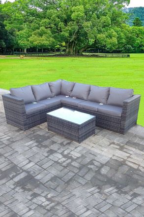 Fimous Rattan Corner Sofa Set Rectangular Table 6 Seater With Cushions in Dark Grey