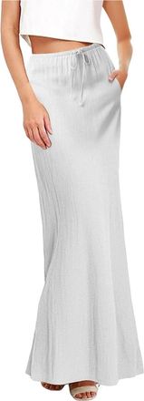 Generic Womens Daily Casual Elegant Solid Color A Skirt Vintage Elastic Waist Skirt Long Denim Skirts for Women (White, XXL)