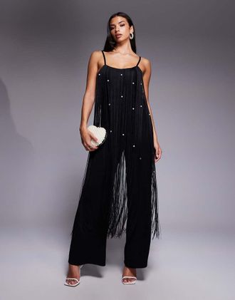Asos Tuta jumpsuit nera decorata con perle e frange-Nero