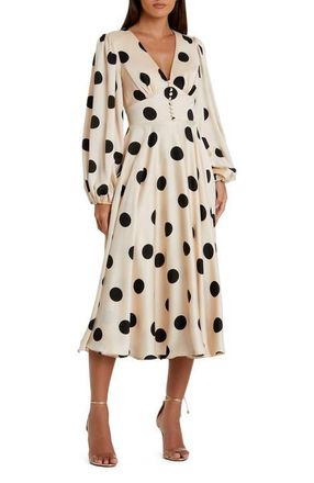 Mac Duggal Polka Dot Charmeuse Long Sleeve V Neck Midi Dress in Cream Black at Nordstrom, Size 14