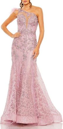 Mac Duggal Embroidered Applique Feathered One Shoulder Gown in Rose at Nordstrom, Size 12