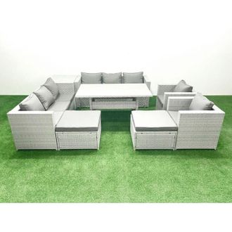 Fimous Fimous Rattan Garden Furniture Set Outdoor 8 Seater Patio Dinin g Sofa Sets with Dining Table 2 Chairs Side Table 2 Big Footstools Light Grey Mixed
