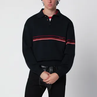 Versace Navy blue cotton knit polo shirt with embroidered logo