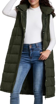 Fengbay Women Ladies Long Padded Hooded Vest Puffer Jacket Longline Quilted Gilet Winter Coat Sleeveless Waistcoat Bodywarmer with Pockets Army Green S