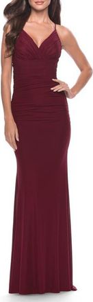 La Femme Long Net Jersey Dress with Illusion Waist in Dark Berry at Nordstrom, Size 10