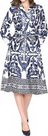 Gracia Floral Long Sleeve Lapel Collar Tie Belt Dress In Ivory