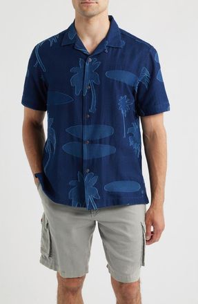 Tommy Bahama Destination Indigo Palm Tree Print Cotton Jacquard Camp Shirt in Dark Indigo at Nordstrom, Size Xx-Large