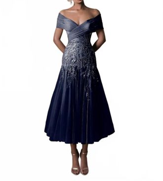 Tarik Ediz Lana Off The Shoulder Tea-Length Dress In Navy