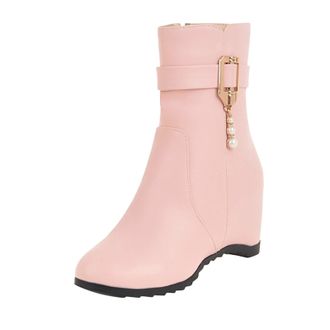 Generic Winter Elegant Ladies Solid Color Leather Ankle Boots with Pearl Belt Buckle and Side Zipper for Stylish Heightening Comfort (5. 5)