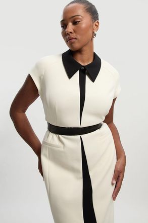 Karen Millen Womens Plus Size Compact Stretch Contrast Collar Tailored Midi Dress - White - Size 22 UK