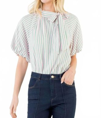 THML Clothing Puff Sleeve Striped Top In Green/ Pink