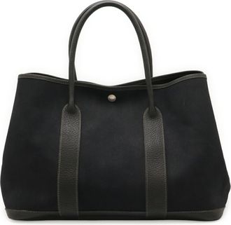 Herm&egrave;s Black Toile Officier Leather Handbag Tote Bag (Pre-Owned)