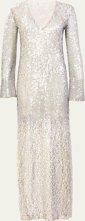 Silvia Tcherassi Nico Sequined Mesh Long-Sleeve Maxi Dress