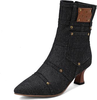 Generic Womens Denim Ankle Booties Pointed Toe Kitten Heels Rivet Decor Cushioned Insole Durable Upper Non Slip Outsole Casual Party Fashion Shoes,Black,3.5 U