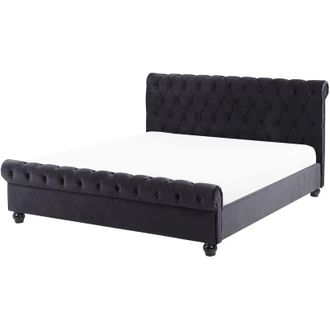 Beliani Beliani - Cama Doble Tapizada En Terciopelo Negro 160 X 200 Cm Con Cabecero Acolchado Estilo Glam Avallon