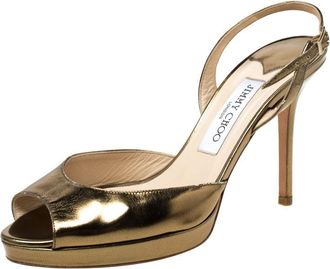 Jimmy Choo London Gold Patent Leather Peep Toe Slingback Sandals