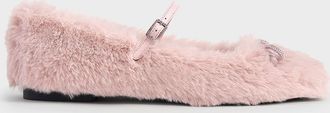 Charles & Keith Bow Crystal-Embellished Furry Mary Janes