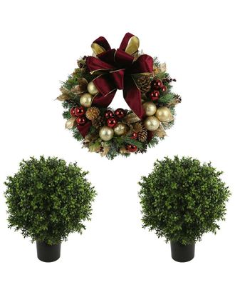 Creative Displays Inc. 26In Christmas Wreath & Set Of 2 Uv-Rated Boxwood Topiary Drop-Ins