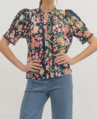 Entro Floral Scallop Lace Trim Puff Sleeve Top In Navy