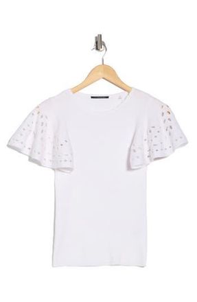 T Tahari Embroidered Eyelet Short Sleeve Sweater in Bright White at Nordstrom Rack, Size X-Small