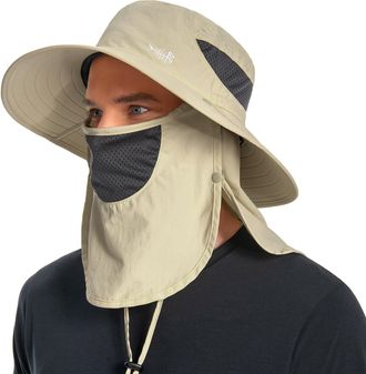 Bassdash UPF 50+ Breathable Sun Hat with Removable Face Cover and Neck Flap Unisex Water Resistant Wide Brim Bucket Hat for Fishing Hiking Outdoor Men Women Cr