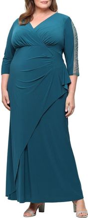 S.L. Fashions Beaded Sleeve Empire Waist Gown in Mallard at Nordstrom, Size 18W