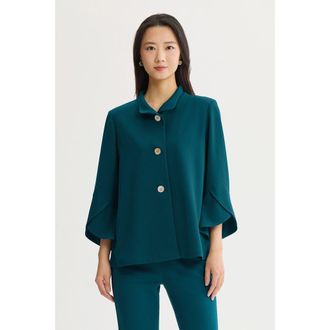 Ming Wang Button Front Bell Sleeve Deco Crepe Jacket in Deep Teal at Nordstrom, Size X-Small