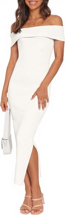 Merokeety Womens 2025 Off Shoulder Bodycon Midi Dress Summer Spring Formal Elegant Knit Sweater Dresses, White, M