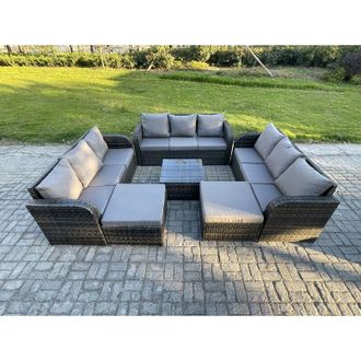 Fimous 11 Seater Outdoor Rattan Garden Furniture Set Conservatory Patio Sofa Coffee Table With 2 Big Footstool Dark Grey Mixed - Fimous