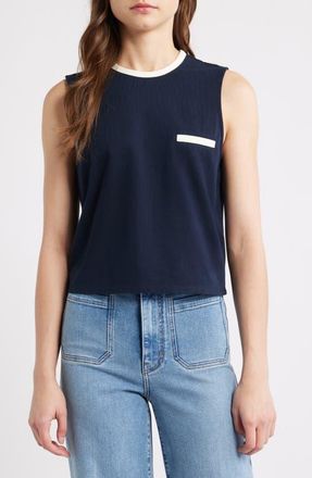 Frame Denim The Tipped Piqu&eacute; Pocket Tank in Navy Multi at Nordstrom, Size X-Small
