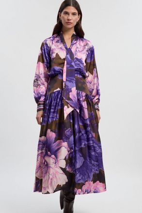 Karen Millen Womens Floral Print Hammered Satin Collared Woven Shirt Dress - Size 10 UK